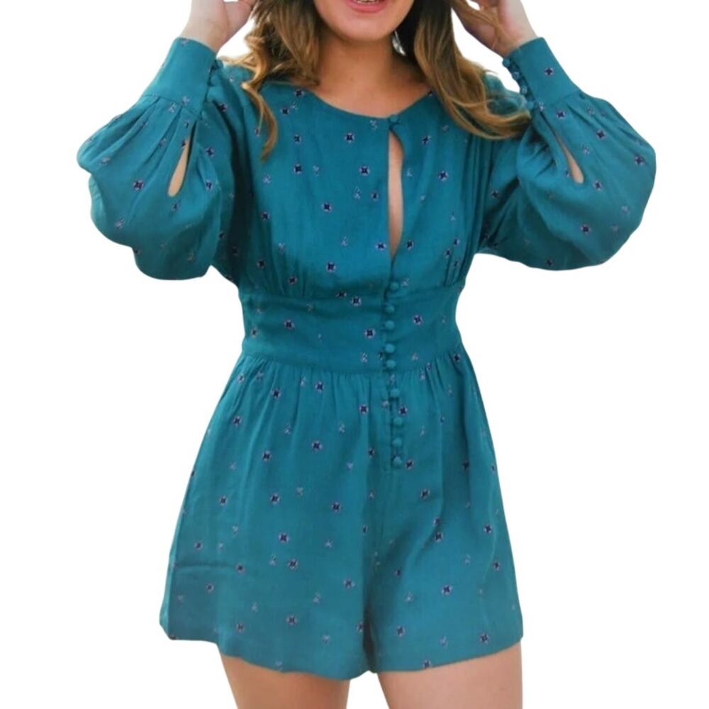 Free People Love Grows Romper Keyhole Neckline Button Front Long Sleeve Teal